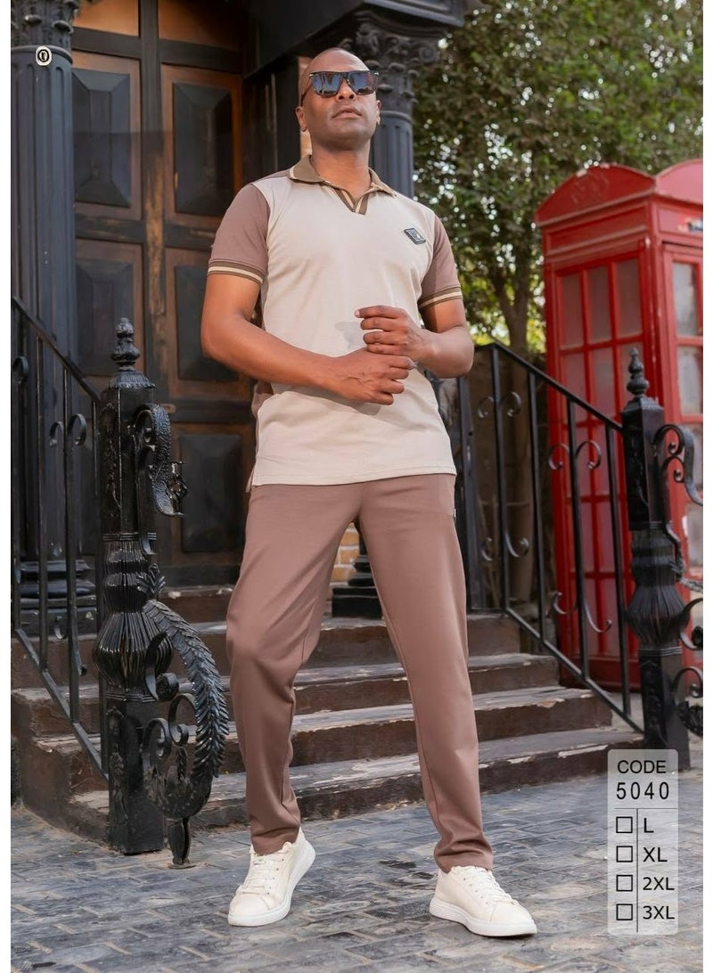 Men's summer tracksuit, premium cotton - stylish and chic design, brown color - size XL - Image 5