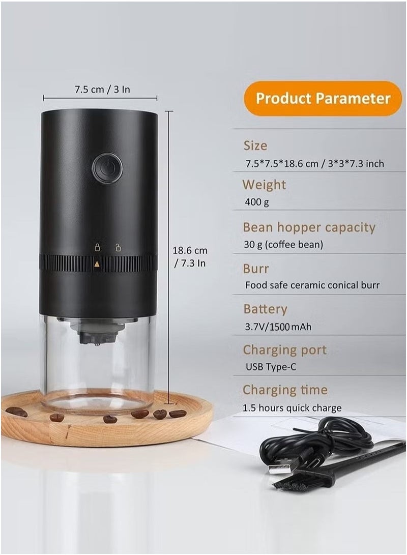 Coffee Grinder Electric with Adjustable Coarseness Ceramic Burrs, Portable One Touch Electric Spice Coffee Bean Grinder with Clean Brush, Type-C Charging, Black  - Image 5