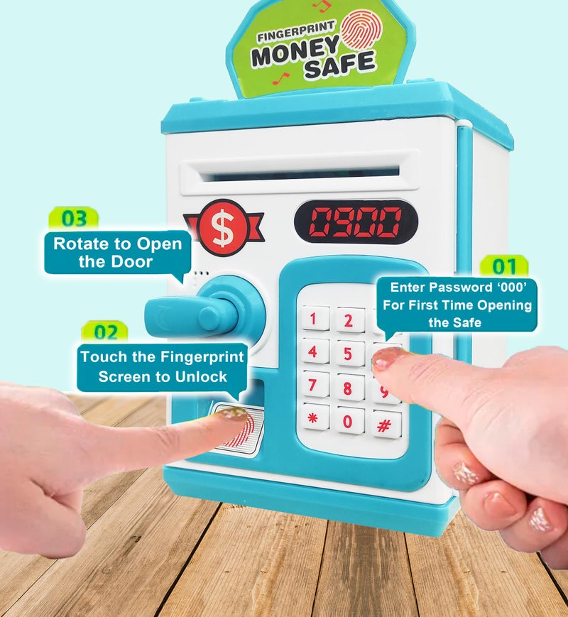 VGRASSP Money Safe Piggy Bank (The Gullak) Toy for Kids and Adults with 3 Step Unlock - Feed Number Password Touch Finger Sensor Then Twist Handle to Open The Door (Blue - White) - Image 3