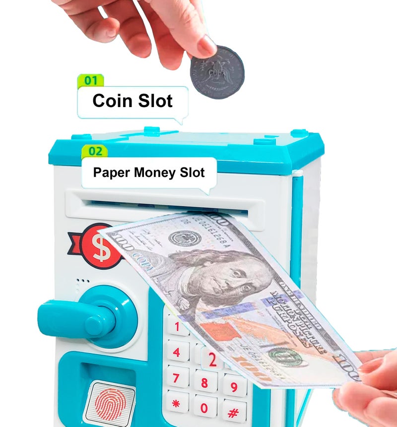 VGRASSP Money Safe Piggy Bank (The Gullak) Toy for Kids and Adults with 3 Step Unlock - Feed Number Password Touch Finger Sensor Then Twist Handle to Open The Door (Blue - White) - Image 2