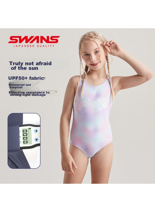 Speed Vision Swans Children's One-piece Swimsuit For Girls, Triangle Training Swimwear, Chlorine-resistant Quick-dry 242, Gradient Purple, Size 150 - Image 2