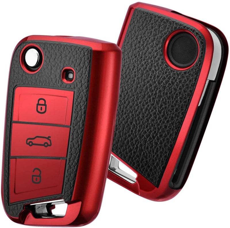 JVCV® Premium Soft TPU Leather Pattern Key Cover Compatible with Skoda Kylaq Slavia Kushaq Taigun Tiguan Virtus Octavia Kodiaq Superb Folding Key (Red) - Image 1
