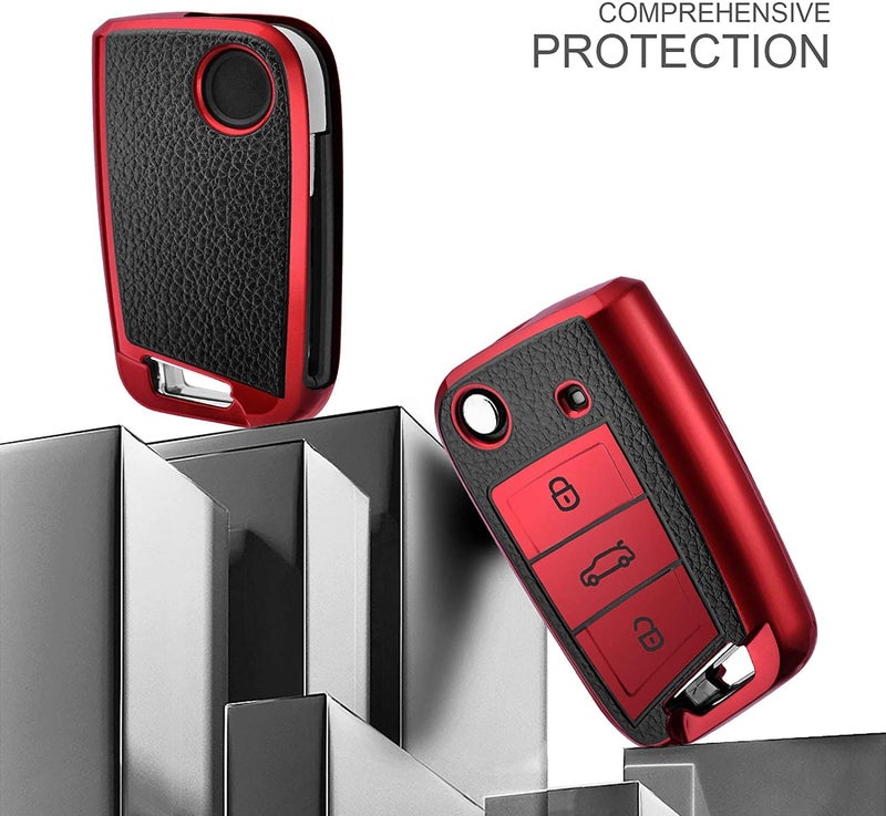 JVCV® Premium Soft TPU Leather Pattern Key Cover Compatible with Skoda Kylaq Slavia Kushaq Taigun Tiguan Virtus Octavia Kodiaq Superb Folding Key (Red) - Image 3