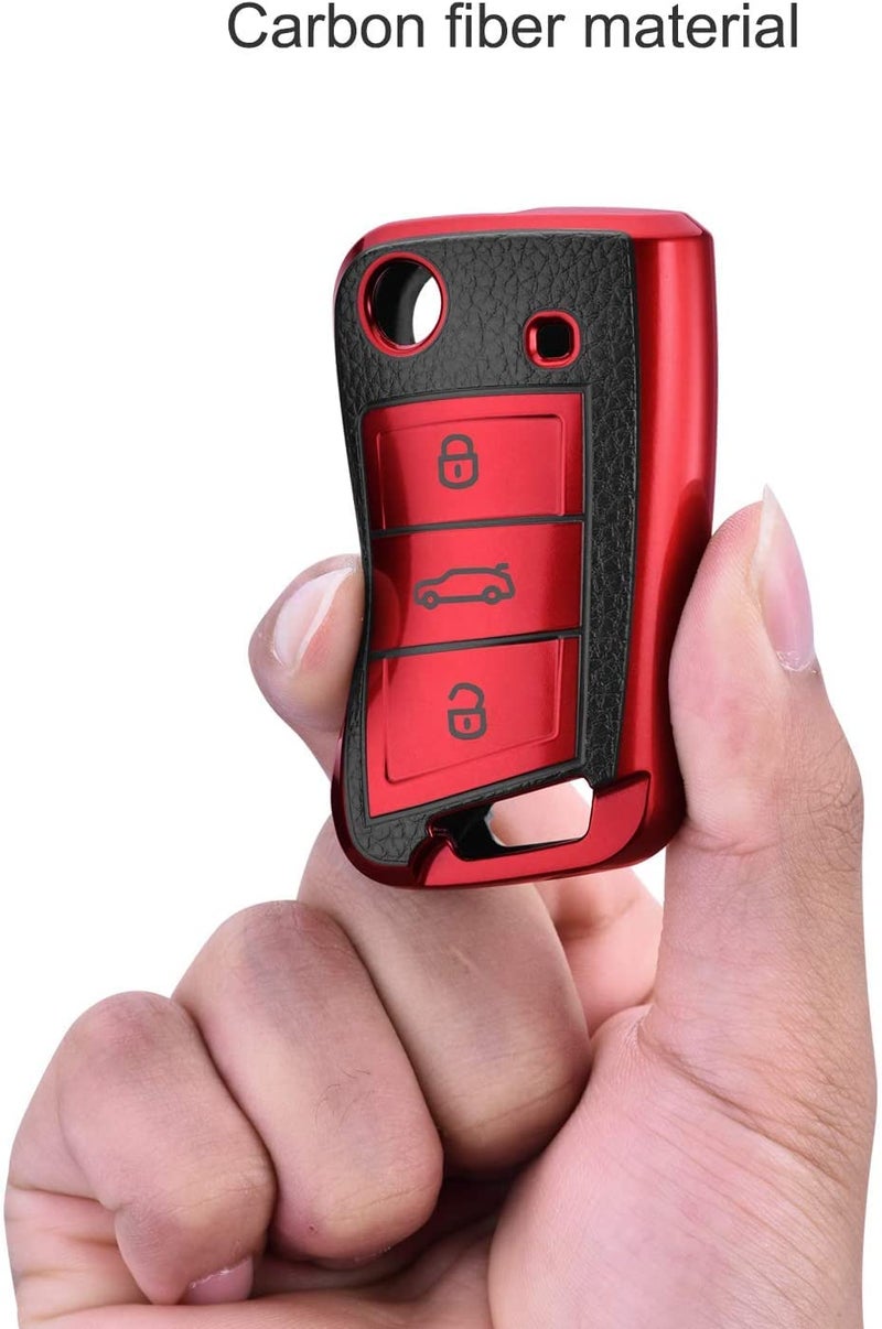 JVCV® Premium Soft TPU Leather Pattern Key Cover Compatible with Skoda Kylaq Slavia Kushaq Taigun Tiguan Virtus Octavia Kodiaq Superb Folding Key (Red) - Image 4