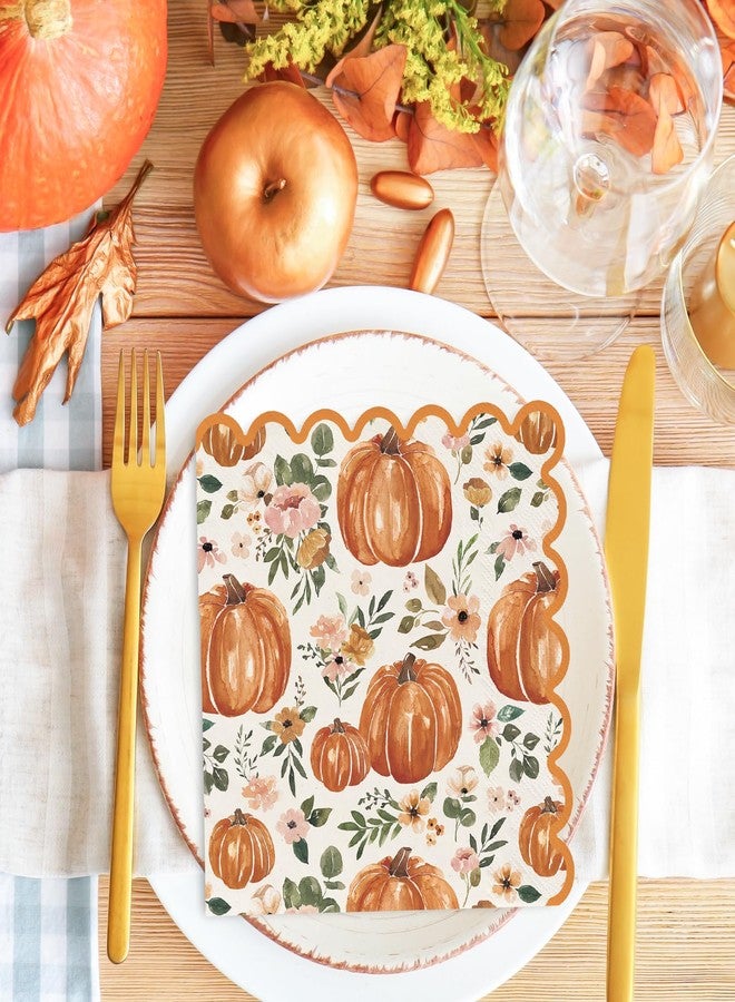 JarThenaAMCS 50Pcs Fall Pumpkin Paper Napkins Disposable Floral Luncheon Napkins Boho Autumn Scalloped Dessert Dinner Hand Napkin for Thanksgiving Harvest Tea Party Supplies - Image 4
