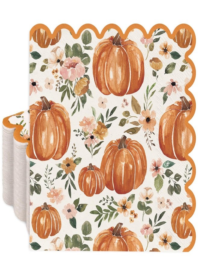 JarThenaAMCS 50Pcs Fall Pumpkin Paper Napkins Disposable Floral Luncheon Napkins Boho Autumn Scalloped Dessert Dinner Hand Napkin for Thanksgiving Harvest Tea Party Supplies - Image 1