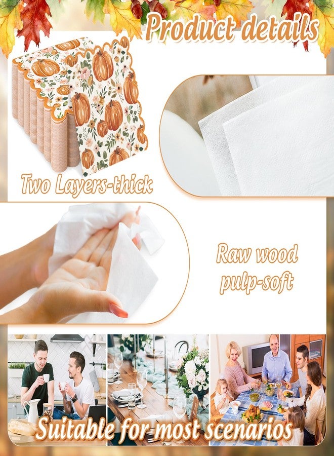 JarThenaAMCS 50Pcs Fall Pumpkin Paper Napkins Disposable Floral Luncheon Napkins Boho Autumn Scalloped Dessert Dinner Hand Napkin for Thanksgiving Harvest Tea Party Supplies - Image 3