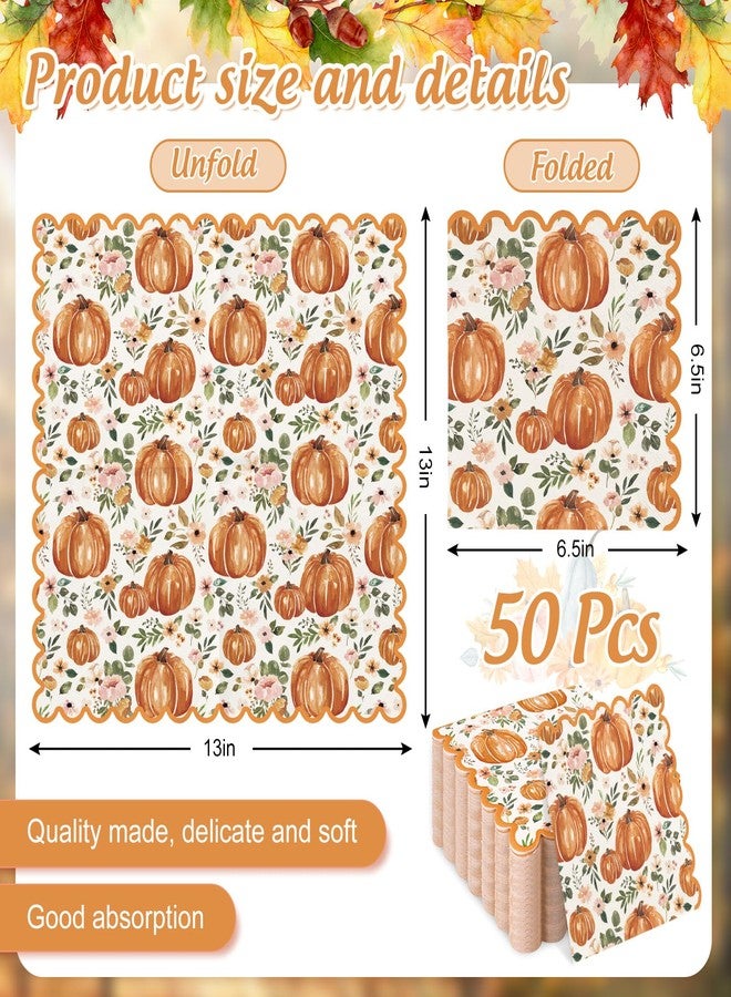 JarThenaAMCS 50Pcs Fall Pumpkin Paper Napkins Disposable Floral Luncheon Napkins Boho Autumn Scalloped Dessert Dinner Hand Napkin for Thanksgiving Harvest Tea Party Supplies - Image 2