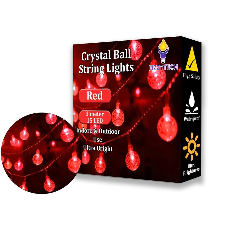 fizzytech Crystal Bubble Ball String Fairy Lights for Decortaion Diwali Christmas Xmas Light for Diwali Home Decorations Lighting 15 LED 3 Meter Crystal Ball Red - Image 1