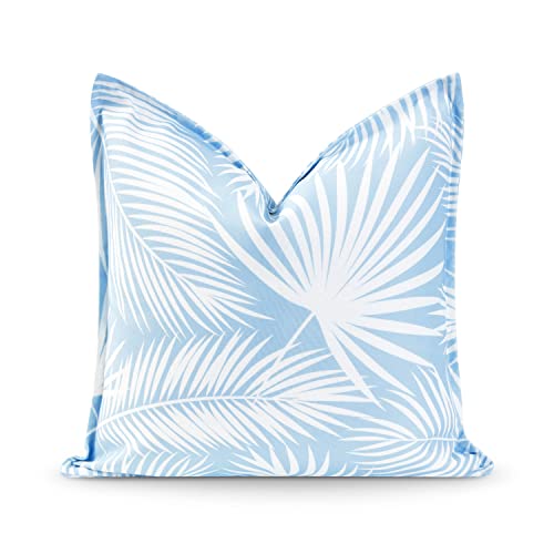 Hofdeco Premium Coastal Hampton Style Patio Indoor Outdoor Pillow Cover Only 20x20 Water Resistant for Backyard Couch Baby Blue Palm Leaf - Image 1