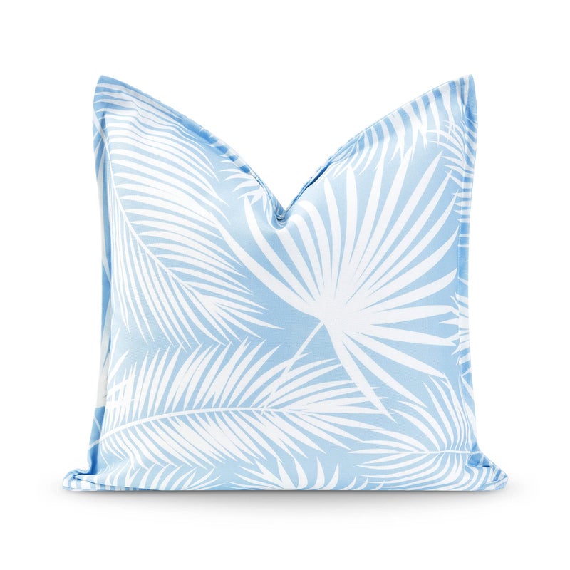 Hofdeco Premium Coastal Hampton Style Patio Indoor Outdoor Pillow Cover Only 20x20 Water Resistant for Backyard Couch Baby Blue Palm Leaf - Image 2