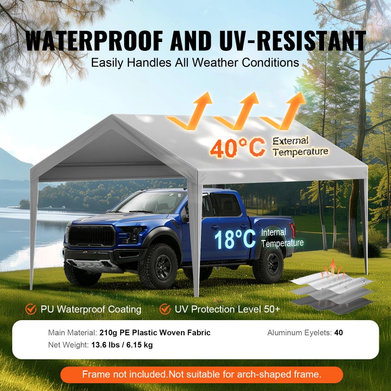VEVOR Carport Replacement Canopy Cover 10 x 20 ft, Garage Top Tent Shelter Tarp Heavy-Duty Waterproof & UV Protected, Easy Installation with Ball Bungees,Grey (Only Top Cover, Frame Not Include) - Image 3