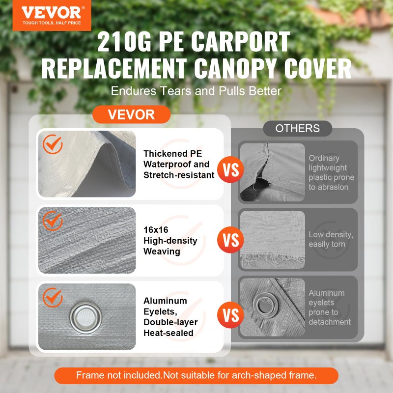 VEVOR Carport Replacement Canopy Cover 10 x 20 ft, Garage Top Tent Shelter Tarp Heavy-Duty Waterproof & UV Protected, Easy Installation with Ball Bungees,Grey (Only Top Cover, Frame Not Include) - Image 2