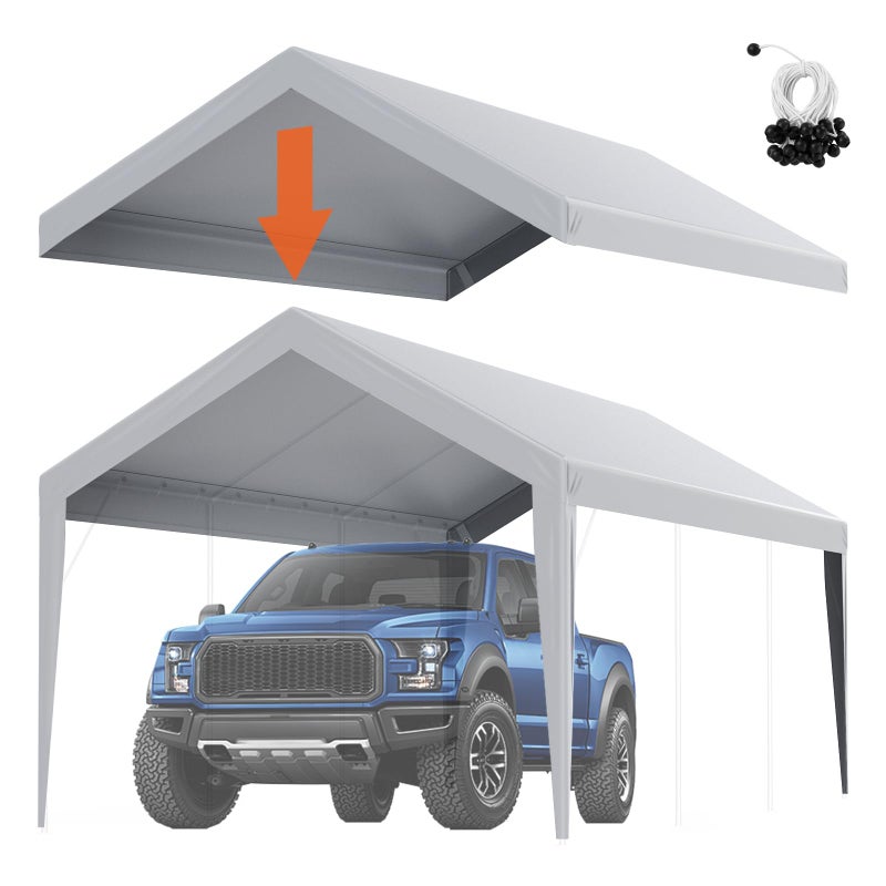 VEVOR Carport Replacement Canopy Cover 10 x 20 ft, Garage Top Tent Shelter Tarp Heavy-Duty Waterproof & UV Protected, Easy Installation with Ball Bungees,Grey (Only Top Cover, Frame Not Include) - Image 1
