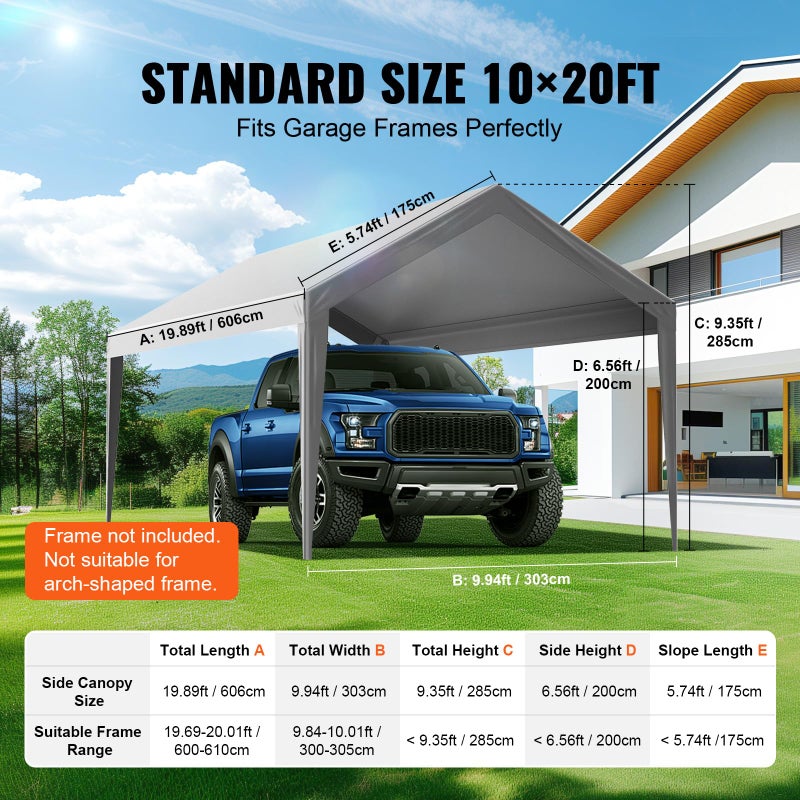 VEVOR Carport Replacement Canopy Cover 10 x 20 ft, Garage Top Tent Shelter Tarp Heavy-Duty Waterproof & UV Protected, Easy Installation with Ball Bungees,Grey (Only Top Cover, Frame Not Include) - Image 4