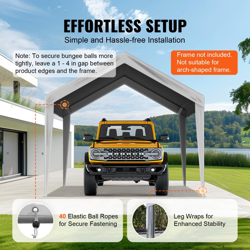 VEVOR Carport Replacement Canopy Cover 10 x 20 ft, Garage Top Tent Shelter Tarp Heavy-Duty Waterproof & UV Protected, Easy Installation with Ball Bungees,Grey (Only Top Cover, Frame Not Include) - Image 5