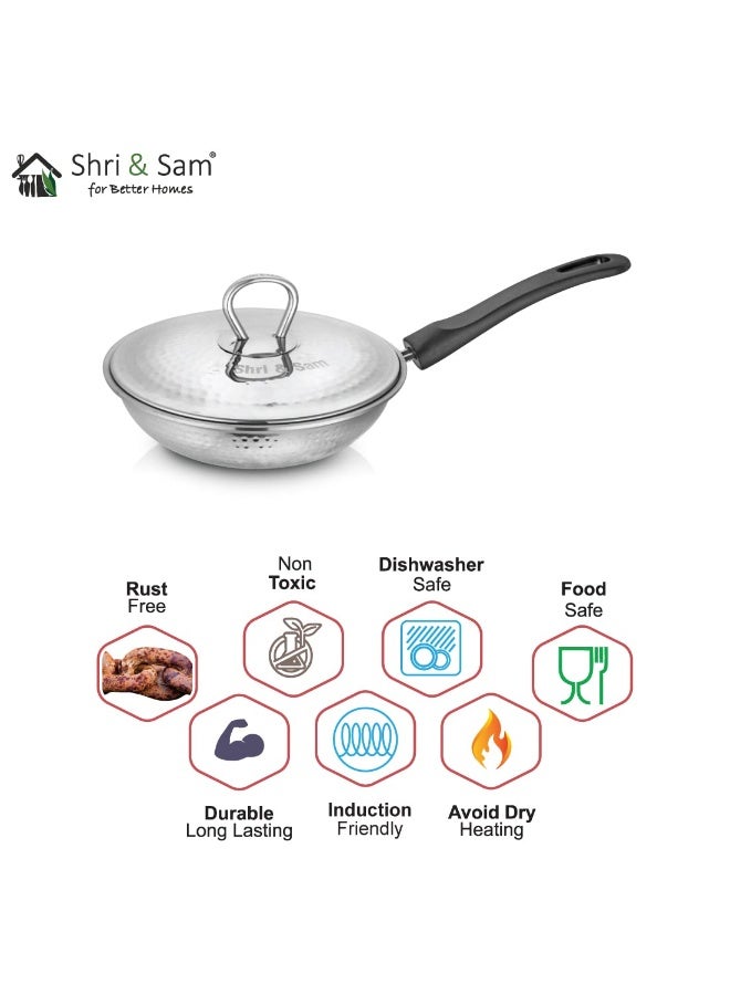 Shri & Sam Stainless Steel Hammered Heavy Weight Fry Pan with lid, 2.5 MM (20 CM) - Image 2