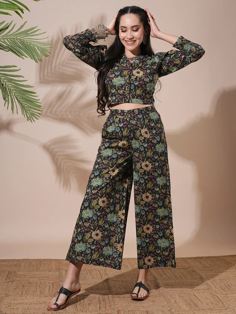globus Globus Women Frilled V-Neck Floral Print Shirt Style Crop Top With Palazzos Fusion Co-Ord Set