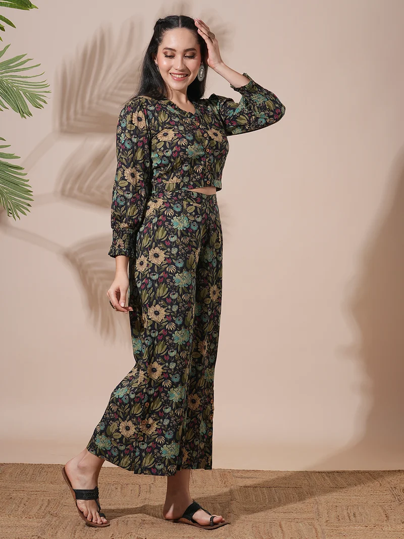 globus Globus Women Frilled V-Neck Floral Print Shirt Style Crop Top With Palazzos Fusion Co-Ord Set