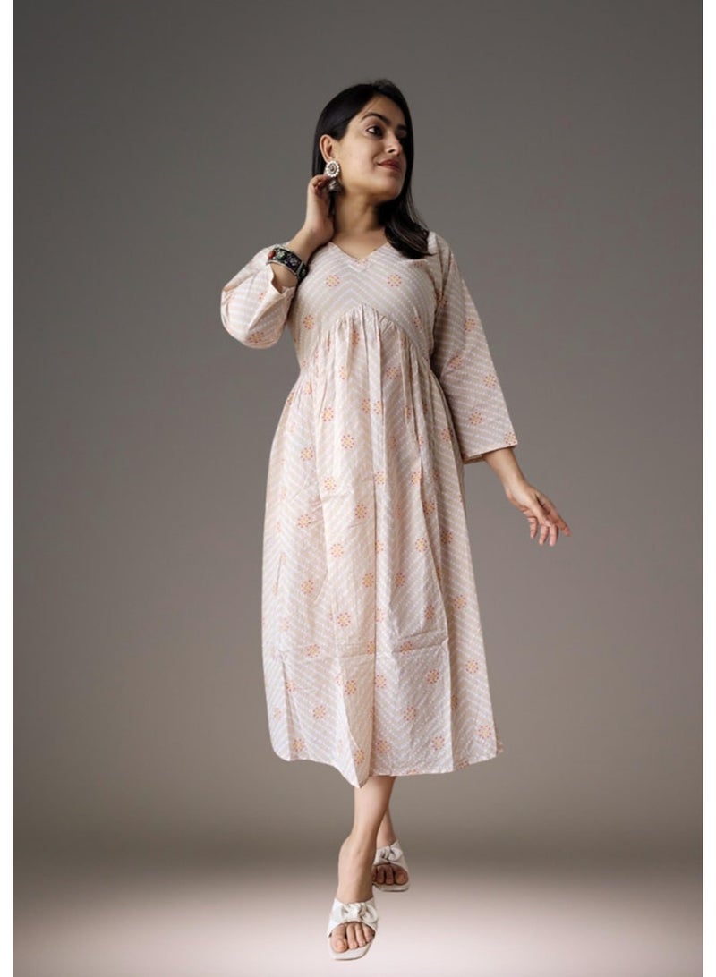 IndHeritage - Premium cotton cream colour dress with baghru hand block prints - IDH00158 - Image 1