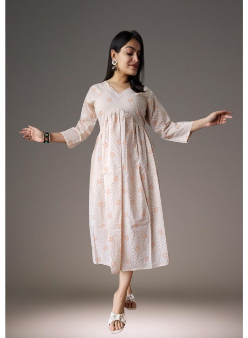 IndHeritage - Premium cotton cream colour dress with baghru hand block prints - IDH00158 - Image 2