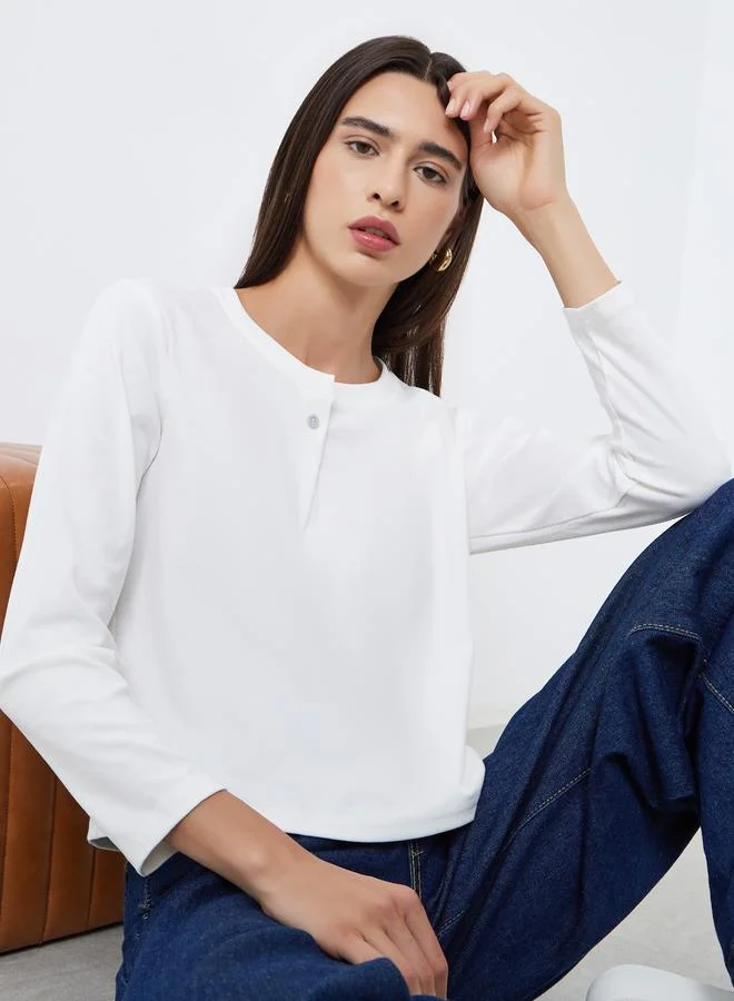 Take Two Take Two White Long Sleeve T-Shirt with Button Detail