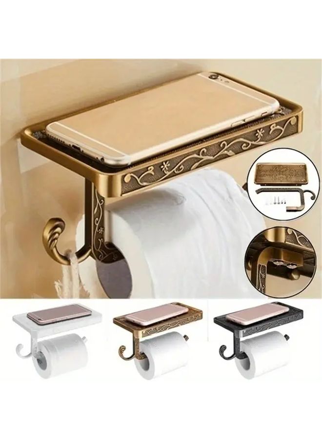 Vintage Brass Wall Mounted Toilet Paper Holder With Shelf And Phone Holder - Image 1