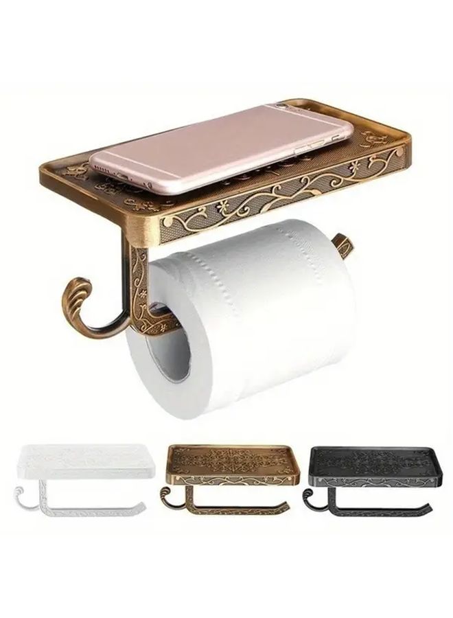 Vintage Brass Wall Mounted Toilet Paper Holder With Shelf And Phone Holder - Image 4