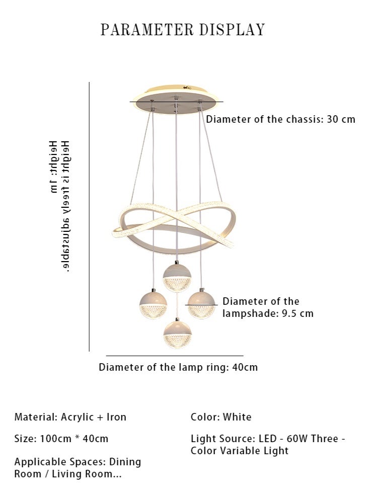 A stylish LED chandelier with four spherical lamp heads and a lamp ring, featuring three light colors, adjustable height, suitable for use in living rooms, dining rooms, living areas, bedrooms and study rooms. - Image 2