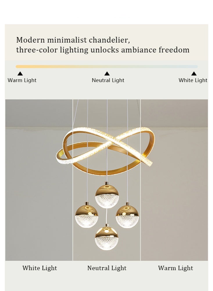 A stylish LED chandelier with four spherical lamp heads and a lamp ring, featuring three light colors, adjustable height, suitable for use in living rooms, dining rooms, living areas, bedrooms and study rooms. - Image 5