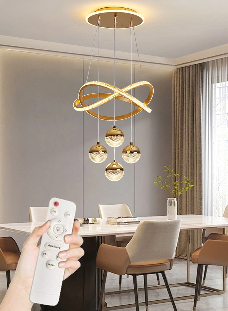 A stylish LED chandelier with four spherical lamp heads and a lamp ring, featuring three light colors, adjustable height, suitable for use in living rooms, dining rooms, living areas, bedrooms and study rooms. - Image 1