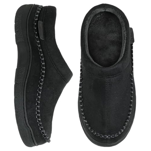 Zigzagger Men's Slip On Moccasin Slippers, Indoor/Outdoor Warm Fuzzy Comfy House Shoes, Fluffy Wide Loafer Slippers,Jet Black, 11-12 D(M) US - Image 1