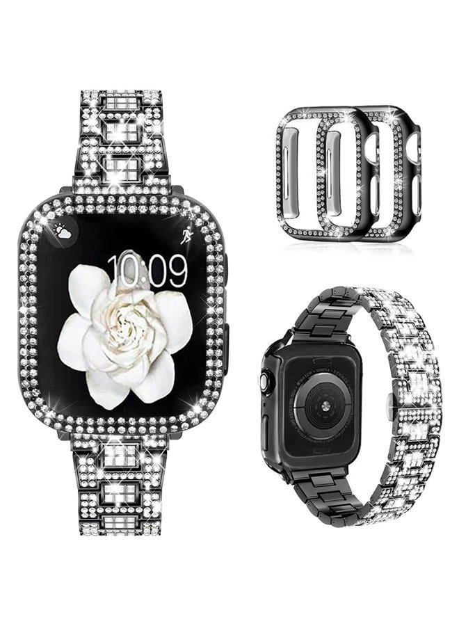 Mosonio Compatible with Apple Watch Band Series 9/8/7 41mm with Case Women, Bling Metal Wristband Strap with 2 Pack Bling PC Protective Cover for iWatch 41mm Series 9/8/7(41mm, Black) - Image 1