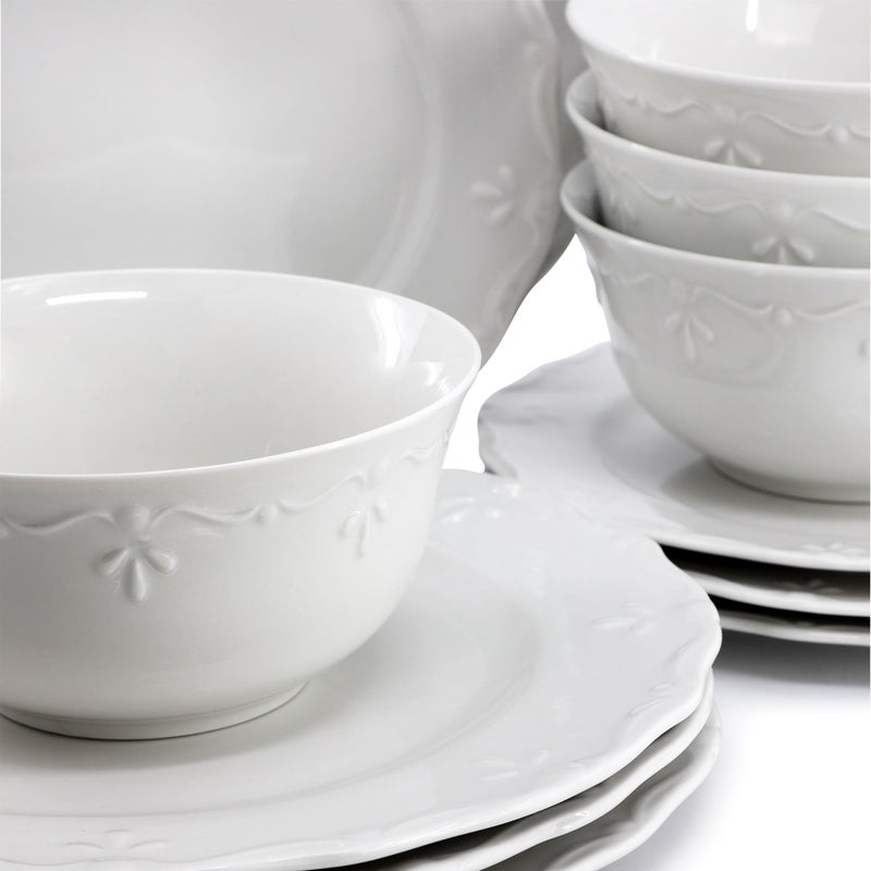 Elama Henryi 16 Piece Embossed Rim Detail Porcelain White Dinnerware Set, Tableware Set, Serveware (16 Piece) - Image 5