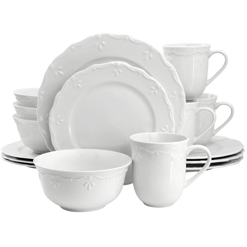 Elama Henryi 16 Piece Embossed Rim Detail Porcelain White Dinnerware Set, Tableware Set, Serveware (16 Piece) - Image 1