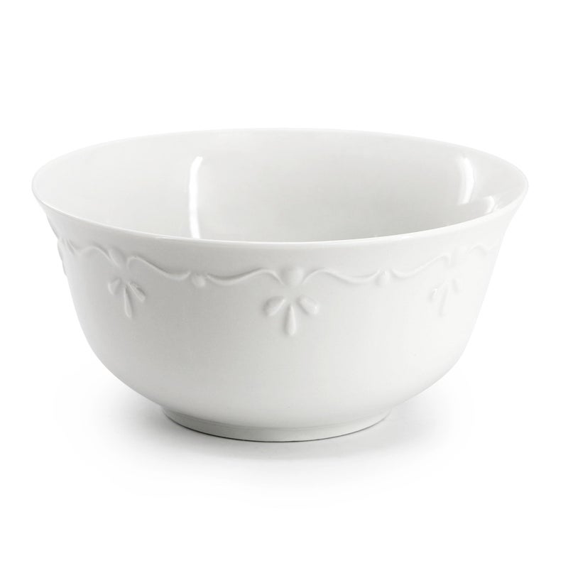 Elama Henryi 16 Piece Embossed Rim Detail Porcelain White Dinnerware Set, Tableware Set, Serveware (16 Piece) - Image 3
