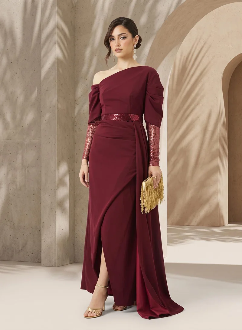 Namshi X Asymmetric Neck Gown With Shimmer Sleeves