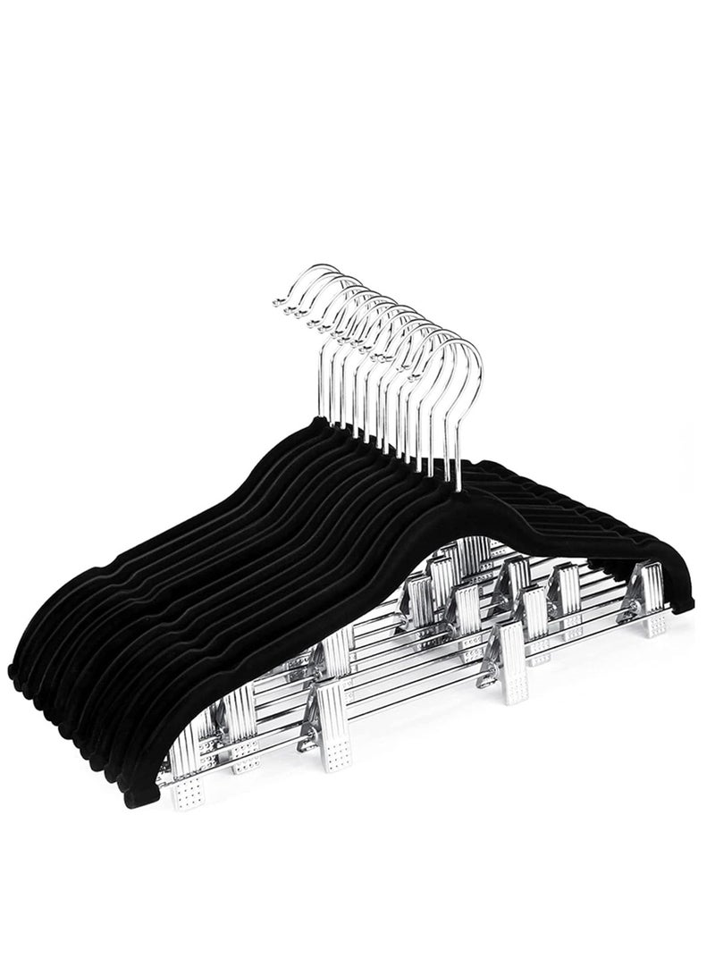 TRASSLE Velvet Skirt Hangers 12 Pack, Black Velvet Hangers with Adjustable Clips, Space Saving Slim Velvet Pant Hangers, Heavy Duty Shorts Hangers, Non Slip Clip Hangers for Pants, Skirts, Shorts - Image 1