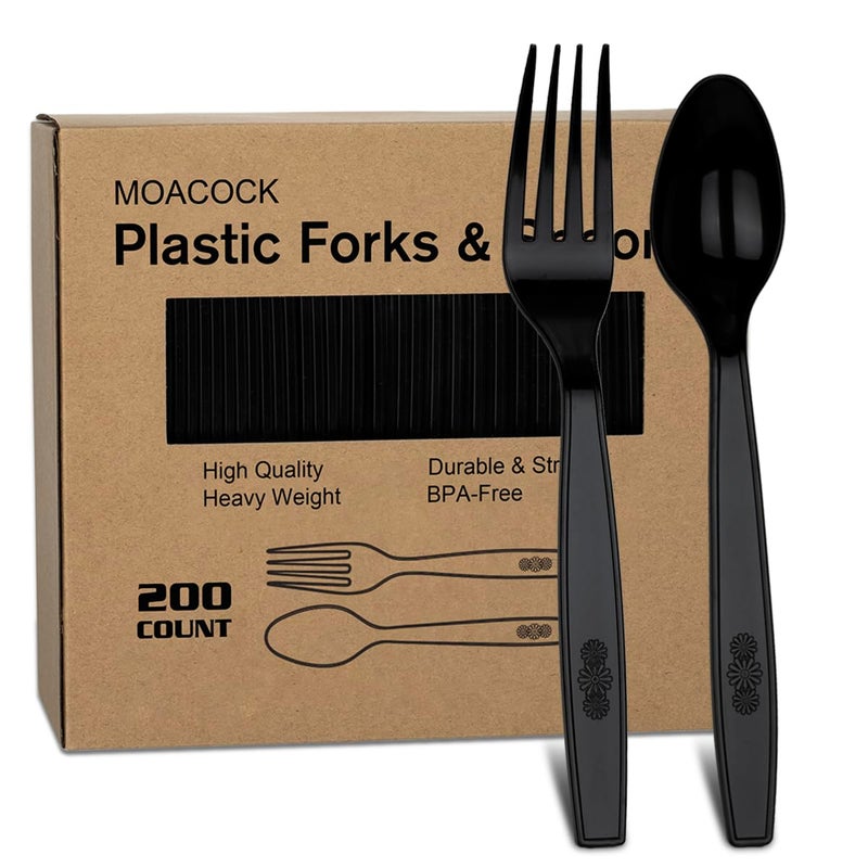 MOACOCK 200 Count Plastic Silverware Heavy Weight Plastic Forks Spoons Disposable Utensils Cutlery Set for Wedding Party Supplies Everyday Use