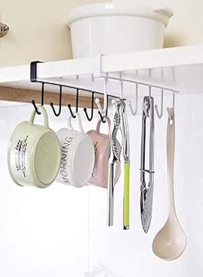 Spaceshoop 3 cup holders installed under the shelf or cabinet in the kitchen, containing 6 hooks and a main organizer holder (different colors)