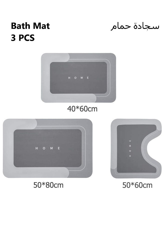 سجادة حمام، سجاد حمام مانع للانزلاق، 3 قطع، سجاد حمام قابل للغسل، سجاد ماص فائق النعومة على شكل حرف U، سجاد حمام للحمام، حوض الاستحمام، الدش، رمادي - Image 1
