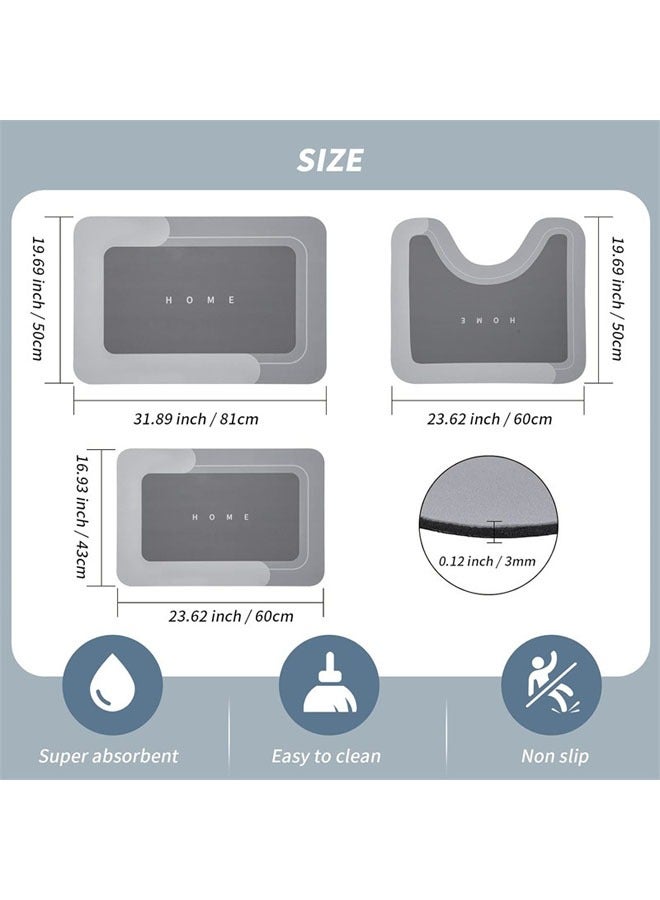 سجادة حمام، سجاد حمام مانع للانزلاق، 3 قطع، سجاد حمام قابل للغسل، سجاد ماص فائق النعومة على شكل حرف U، سجاد حمام للحمام، حوض الاستحمام، الدش، رمادي - Image 2