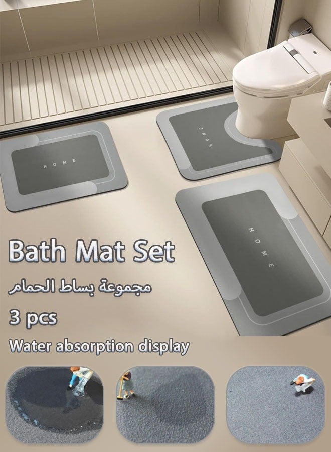 سجادة حمام، سجاد حمام مانع للانزلاق، 3 قطع، سجاد حمام قابل للغسل، سجاد ماص فائق النعومة على شكل حرف U، سجاد حمام للحمام، حوض الاستحمام، الدش، رمادي - Image 3