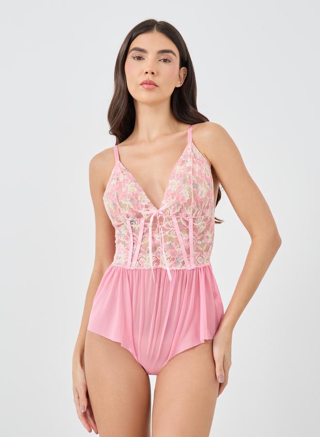 Styli Floral Lace Upper Panel Teddy with Bow Detail - Image 1