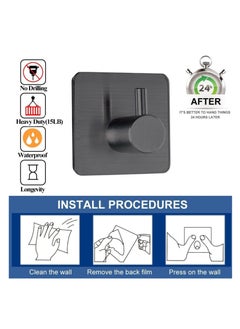 Zalcoon Adhesive Hooks, Black Self Adhesive Towel Hooks Waterproof Shower Wall Stick on Hooks Heavy Duty Stainless Steel Bathroom Kitchen Sticky Hooks for Towel Robe Loofah Key Coat Bag - 6 Pcs  - Image 2