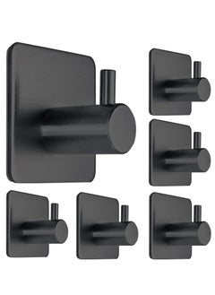 Zalcoon Adhesive Hooks, Black Self Adhesive Towel Hooks Waterproof Shower Wall Stick on Hooks Heavy Duty Stainless Steel Bathroom Kitchen Sticky Hooks for Towel Robe Loofah Key Coat Bag - 6 Pcs  - Image 1