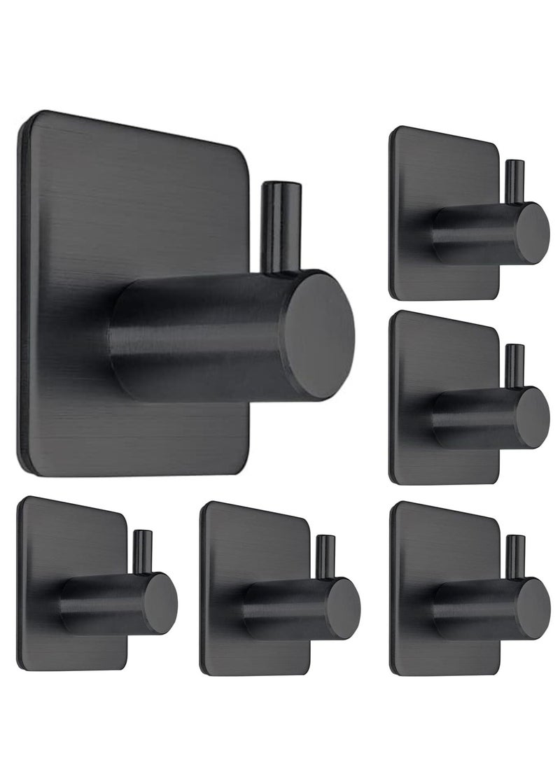 Zalcoon Adhesive Hooks, Black Self Adhesive Towel Hooks Waterproof Shower Wall Stick on Hooks Heavy Duty Stainless Steel Bathroom Kitchen Sticky Hooks for Towel Robe Loofah Key Coat Bag - 6 Pcs  - Image 1
