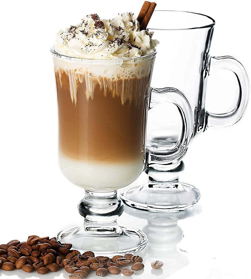KriVat Irish Glass Coffee Mugs 300ML Set of 2 Irish Latte Cups Milkshake Falooda Juice Glass Cappuccino and Hot Chocolate Mugs with Handle Clear Glass Mugs for Hot Beverages - Image 1