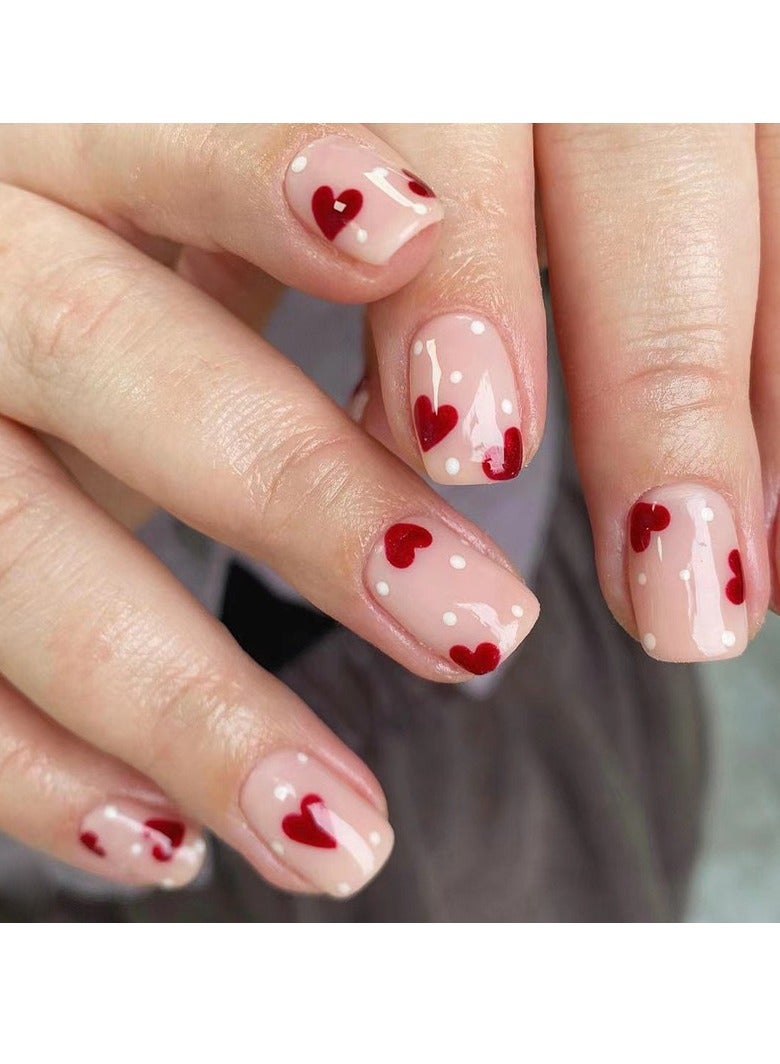 جوسكوين الأظافر اللاصقة 24 قطعة، تصميم أظافر اللوز بشكل الأوركيد، ملصقات أظافر بنقاط بيضاء وقلوب حمراء، أظافر مزيفة قابلة للإزالة وعصرية، نصائح أظافر مثالية للحصول على مانيكير جميل. أظافر أكريليك مزيفة مع مجموعة لصق. - Image 1