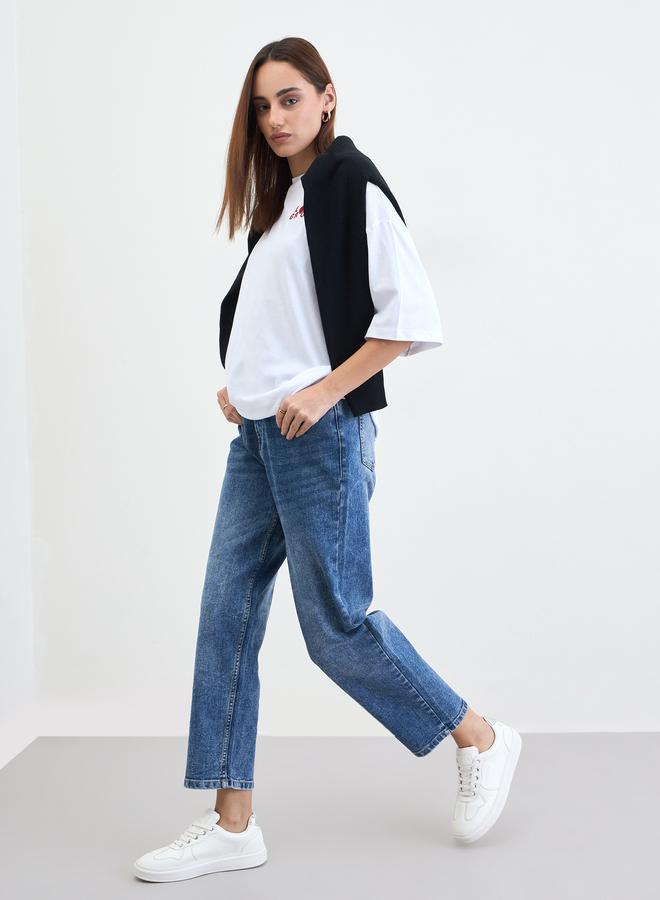 Styli White Slogan Oversized T-Shirt with 3/4 Sleeves - Image 2